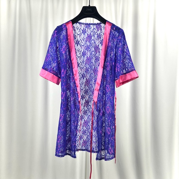 Vintage Purple Lace Wrap Robe Pink Satin Trim 80s Lingerie - Picture 15 of 16